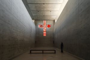 Exhibition view: CRUCIFIED TVS — NOT
A PRAYER IN HEAVEN (TRADITIONAL
CHINESE/ CANTONESE/ENGLISH
VERSION) in Focus Gallery, M+ Hong Kong. Photo: Kevin Mak © Kevin Mak. Courtesy of M+, Hong Kong.